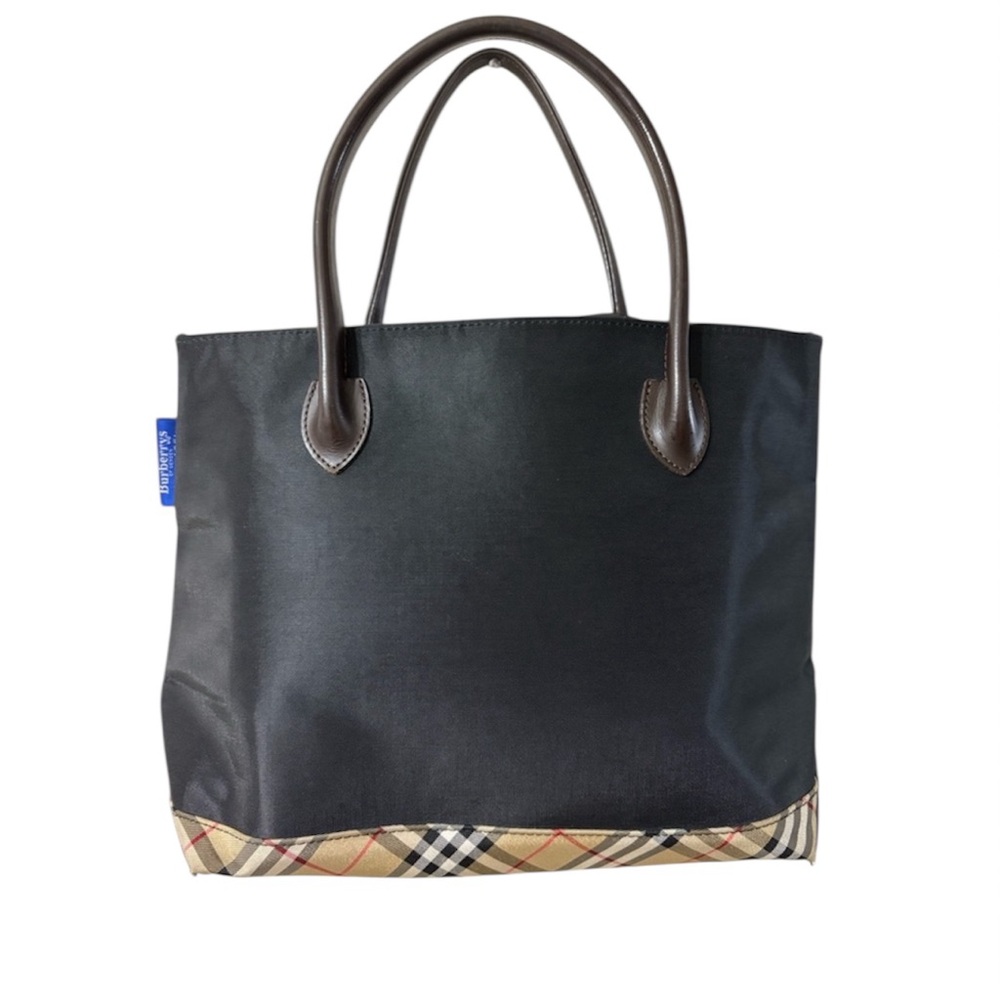 Burberry Black Tote with Check Trim and Brown Handles